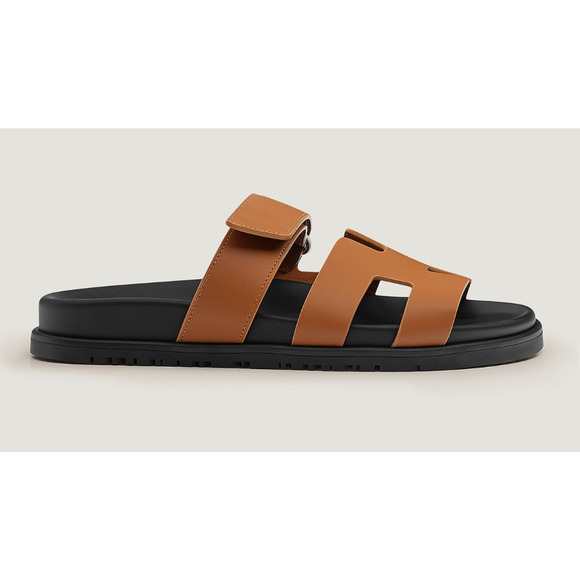 Hermes Chypre Sandal Natural Brown Leather Black Strap Slide Slip On Flat 39.5 - Picture 3 of 12